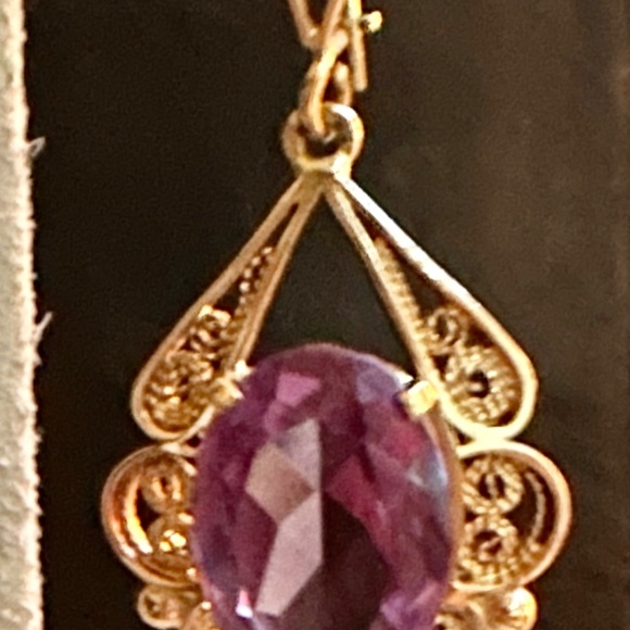 pair of marked 14k rose gold dangle earrings amethyst royal colors - Picture 3 of 5